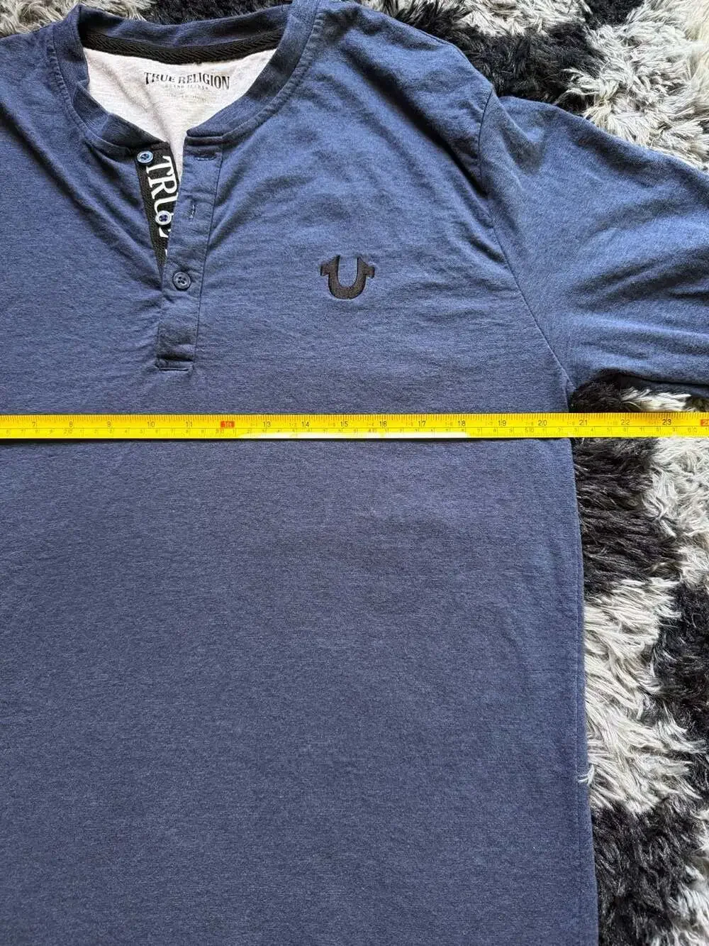 True Religion Men's Long Sleeve Henley Shirt in Navy Blue with Logo Embroidery